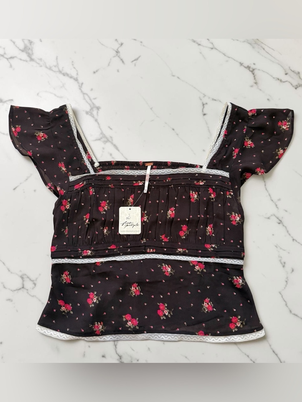 NWT - Free People Floral Smocked Square-Neck Top with Flutter Sleeves